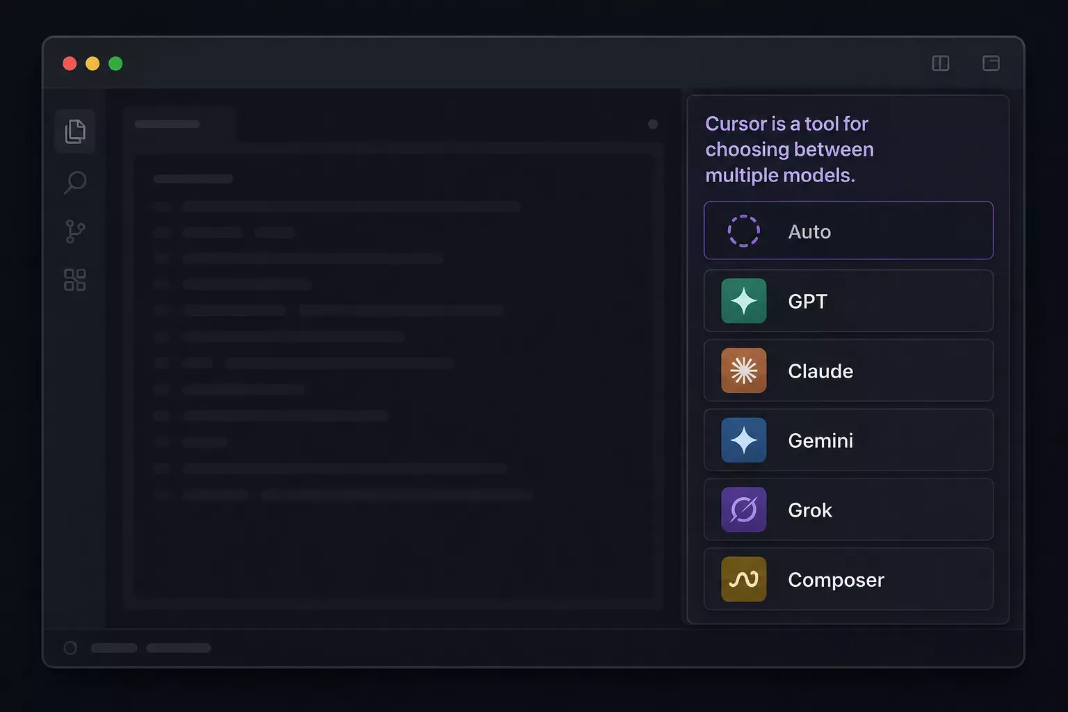 UI illustration showing GPT Claude Gemini Grok and Composer as selectable model options in Cursor