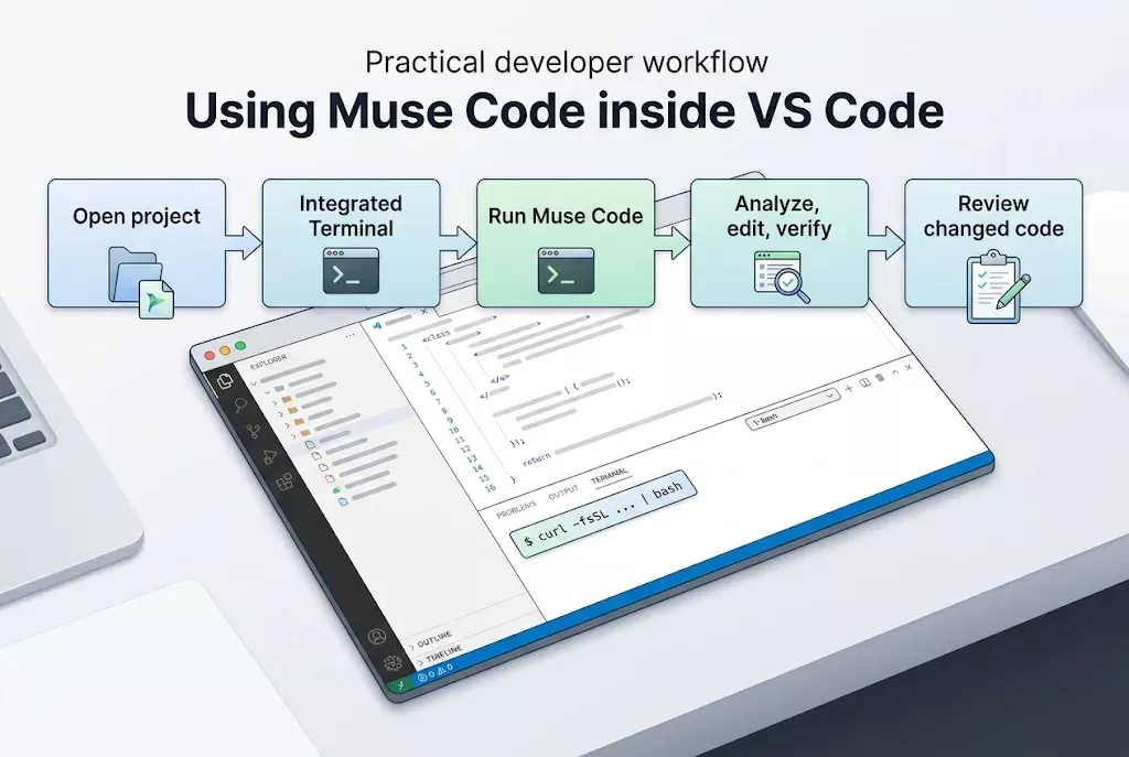 Workflow showing how to run the Muse Code CLI inside VS Code's Integrated Terminal