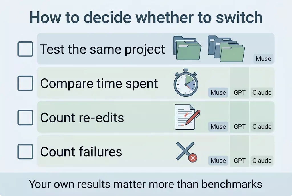 Checklist for deciding whether to switch from GPT or Claude to Muse Spark